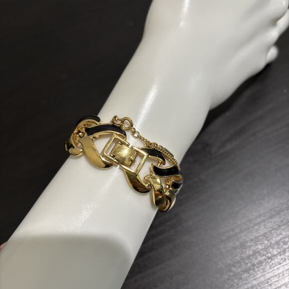 Vtg Monet Gold Tone MCM Chunky Link Bracelet w/ Safety Chain Heart Black Enamel - Picture 2 of 8
